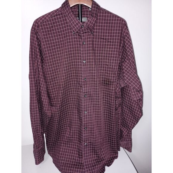 Kenneth Cole Reaction: Burgundy Plaid Long-Sleeve Button Down Shirt, Men XL - Picture 1 of 5